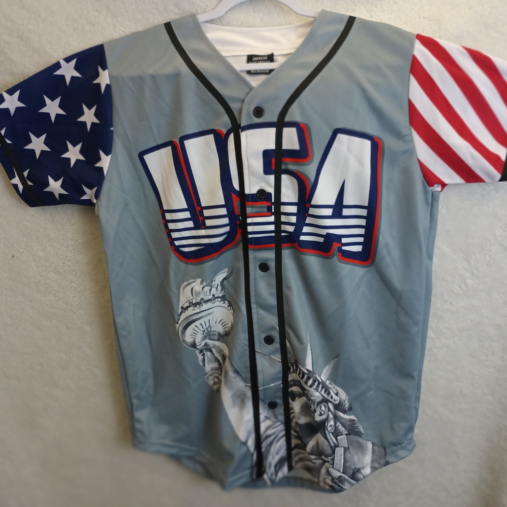 American Basic Apparel Gray USA STATUE OF LIBERTY BUTTON UP JERSEY